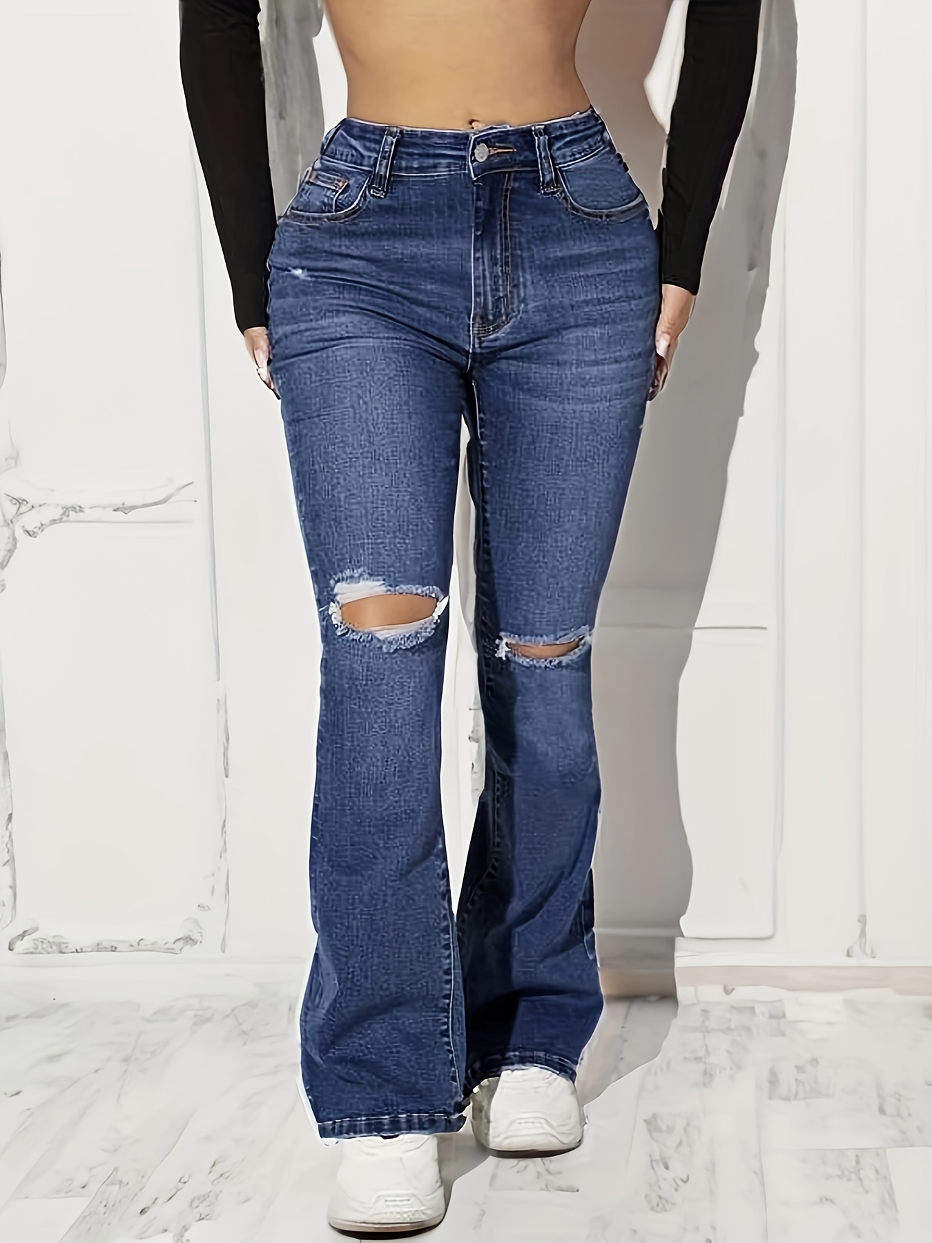 Blue Ripped Holes Bootcut Jeans High Stretch Slant Pockets - Temu