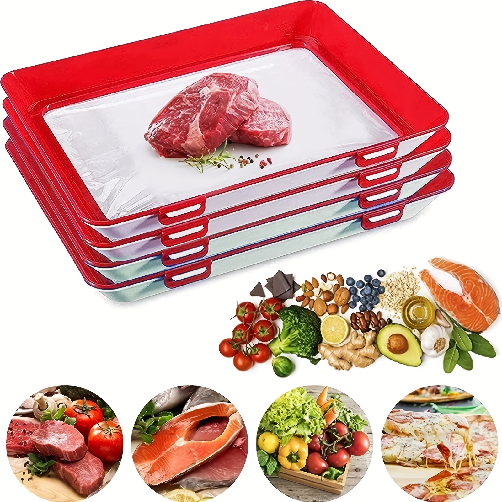 Food Plastic Preservation Tray, Stackable Food Tray Reusable Creative Fresh Tray Storage for Food Preservation (4 Pack)