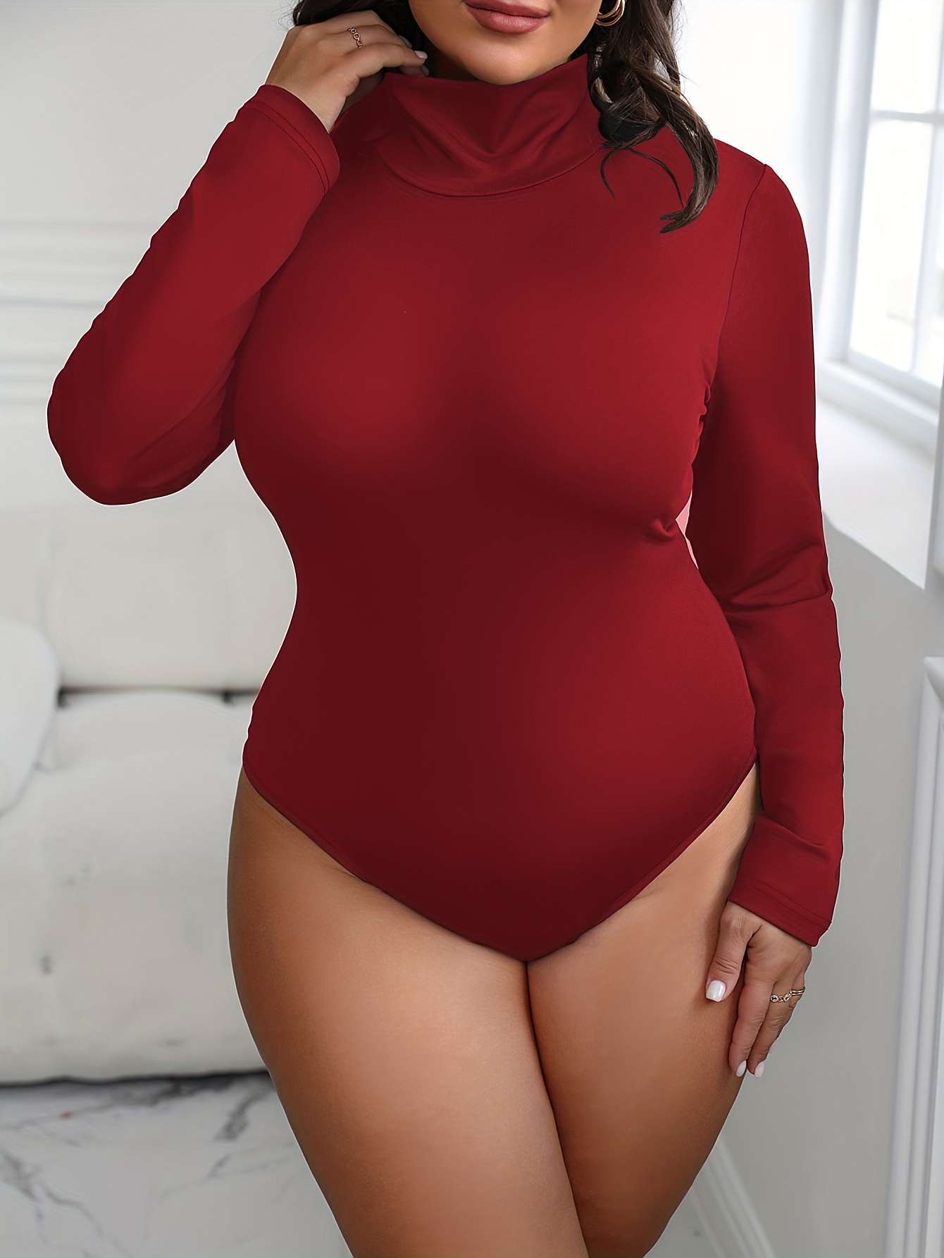 Plus Size Solid Mock Neck Long Sleeve Bodysuit - Red