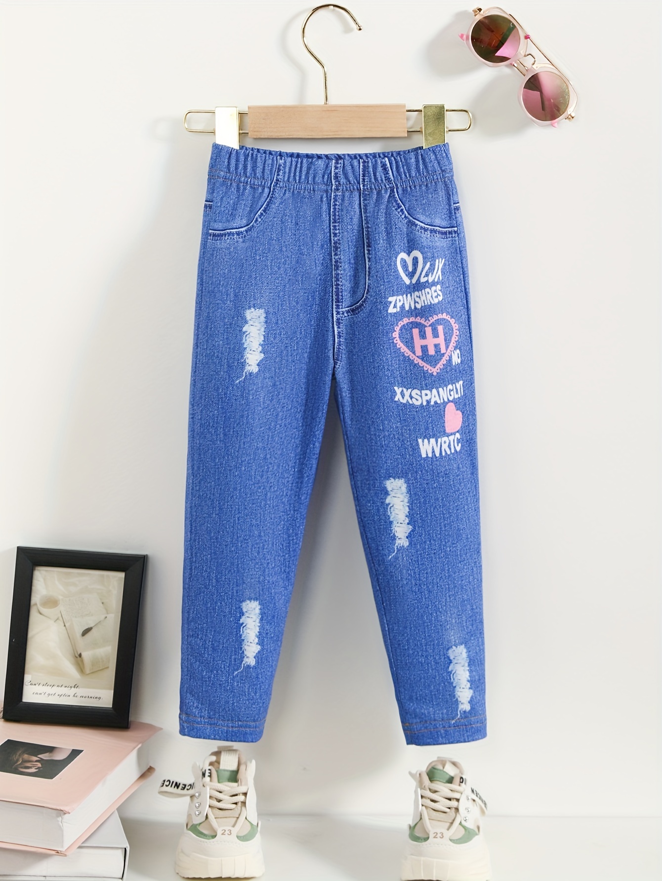 Girls Imitation Denim Print Effect Casual Legging Pants For Spring Fall