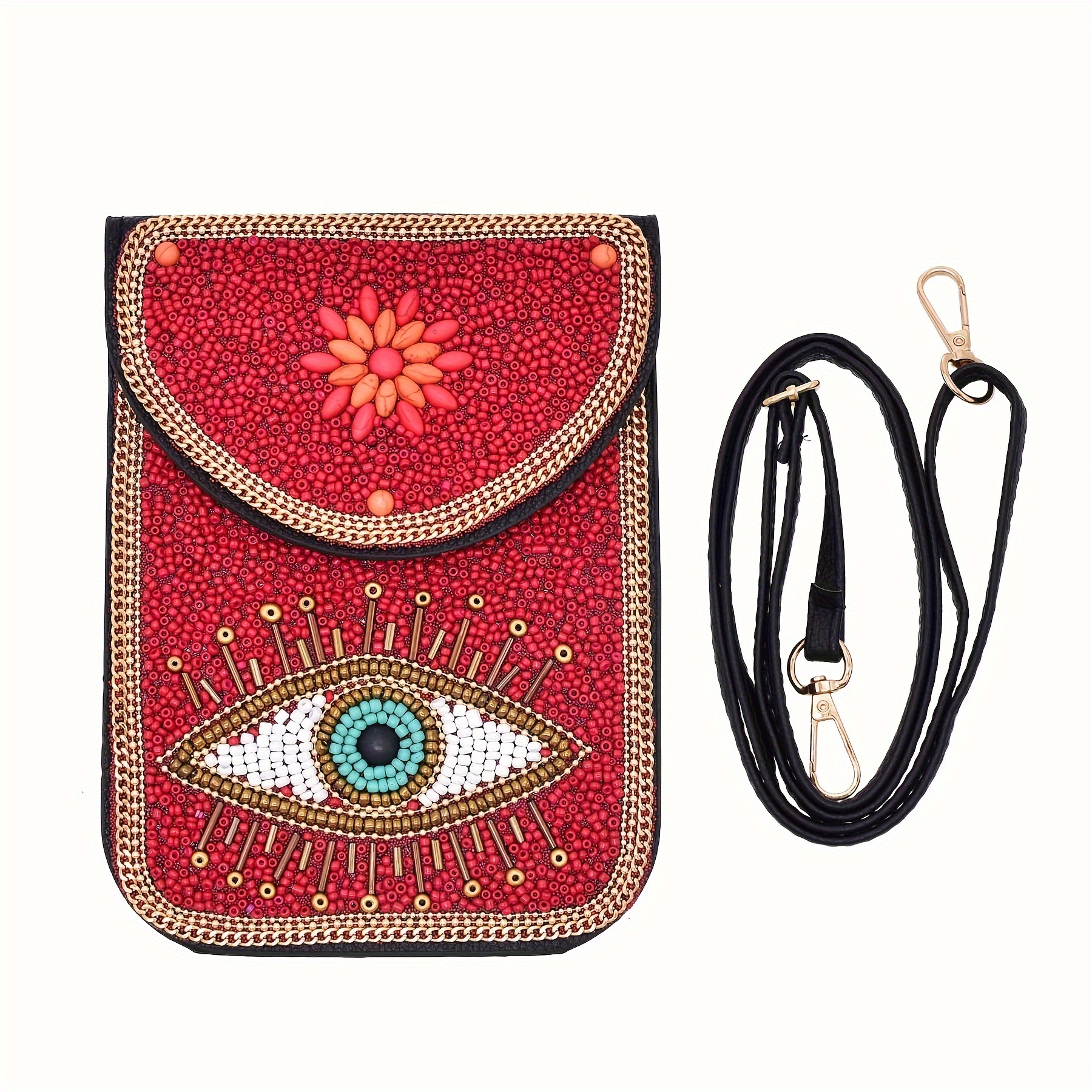 

Bohemian Beaded Mobile Phone Bag, Red Eye Pattern Mini Crossbody Bag, Ethnic Style Flap Purse For Women