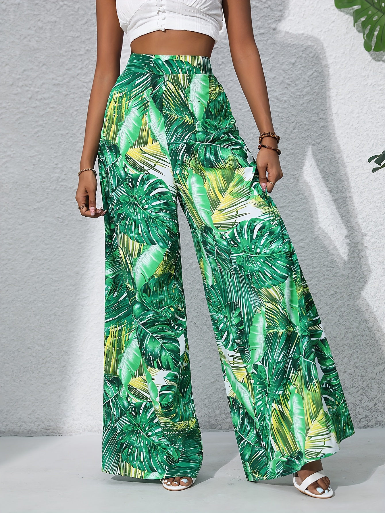Tropical Print High Waist Pants, Boho Wide Leg Summer Comfy Pants, Women's  Clothing
