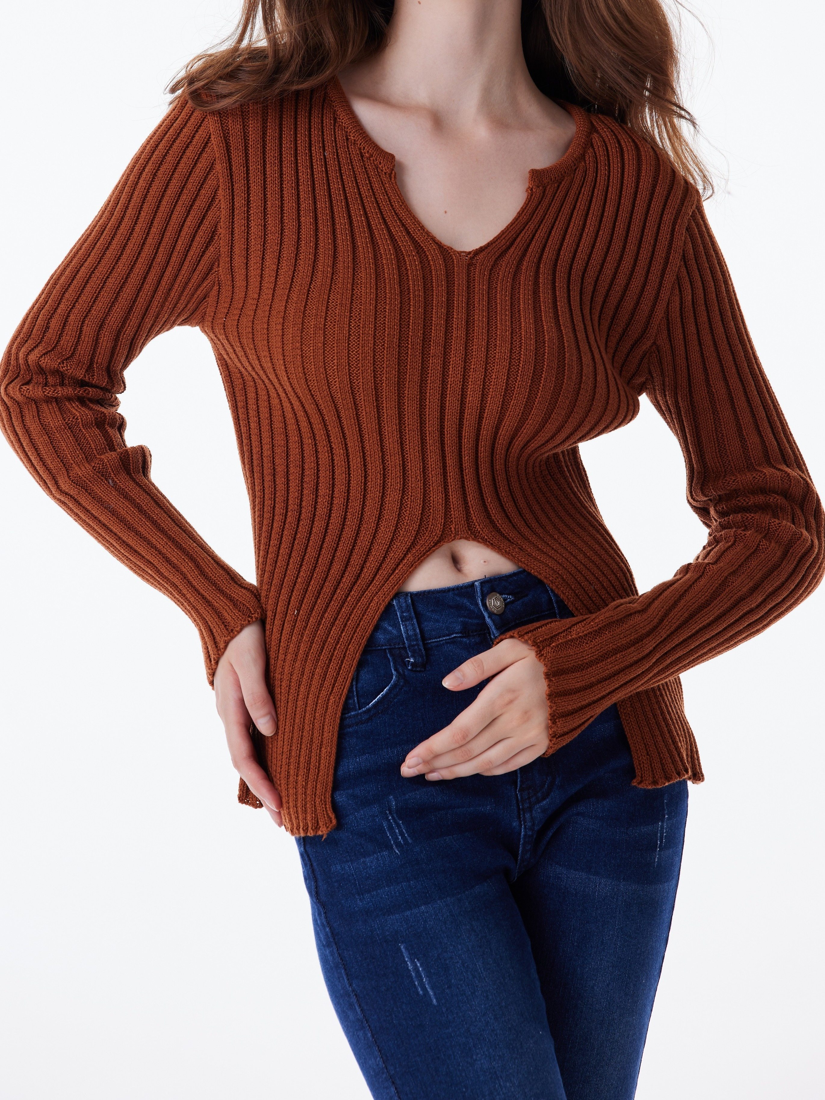 Women's Notch-Neck Sweater, Women's Tops