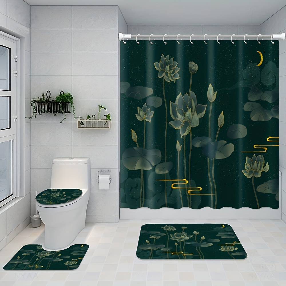 Lotus Shower Curtain Green Waterproof Shower Curtain Hooks - Temu