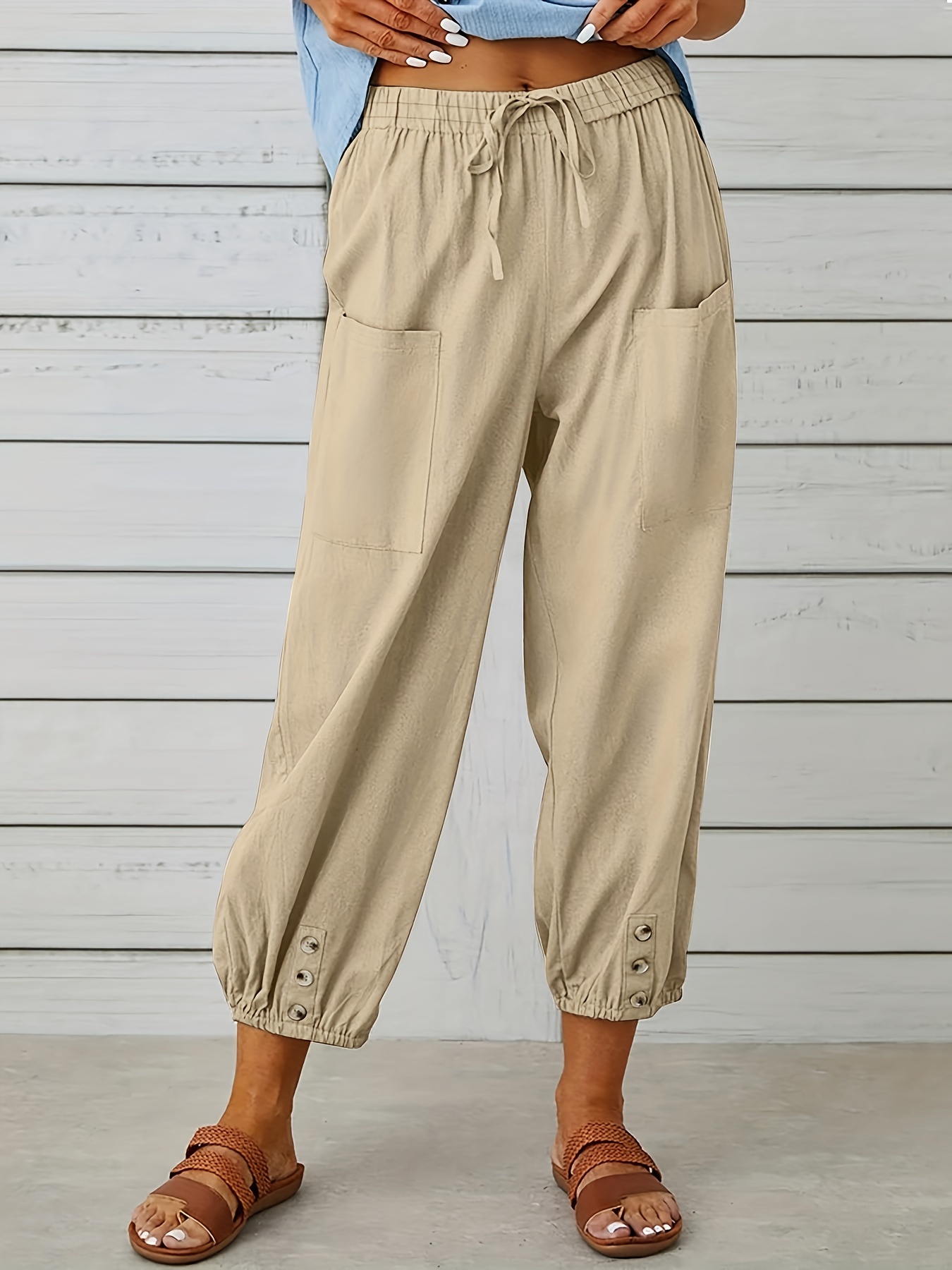 Women's High Waist Style Loose Pants Drawstring Capri Pants with