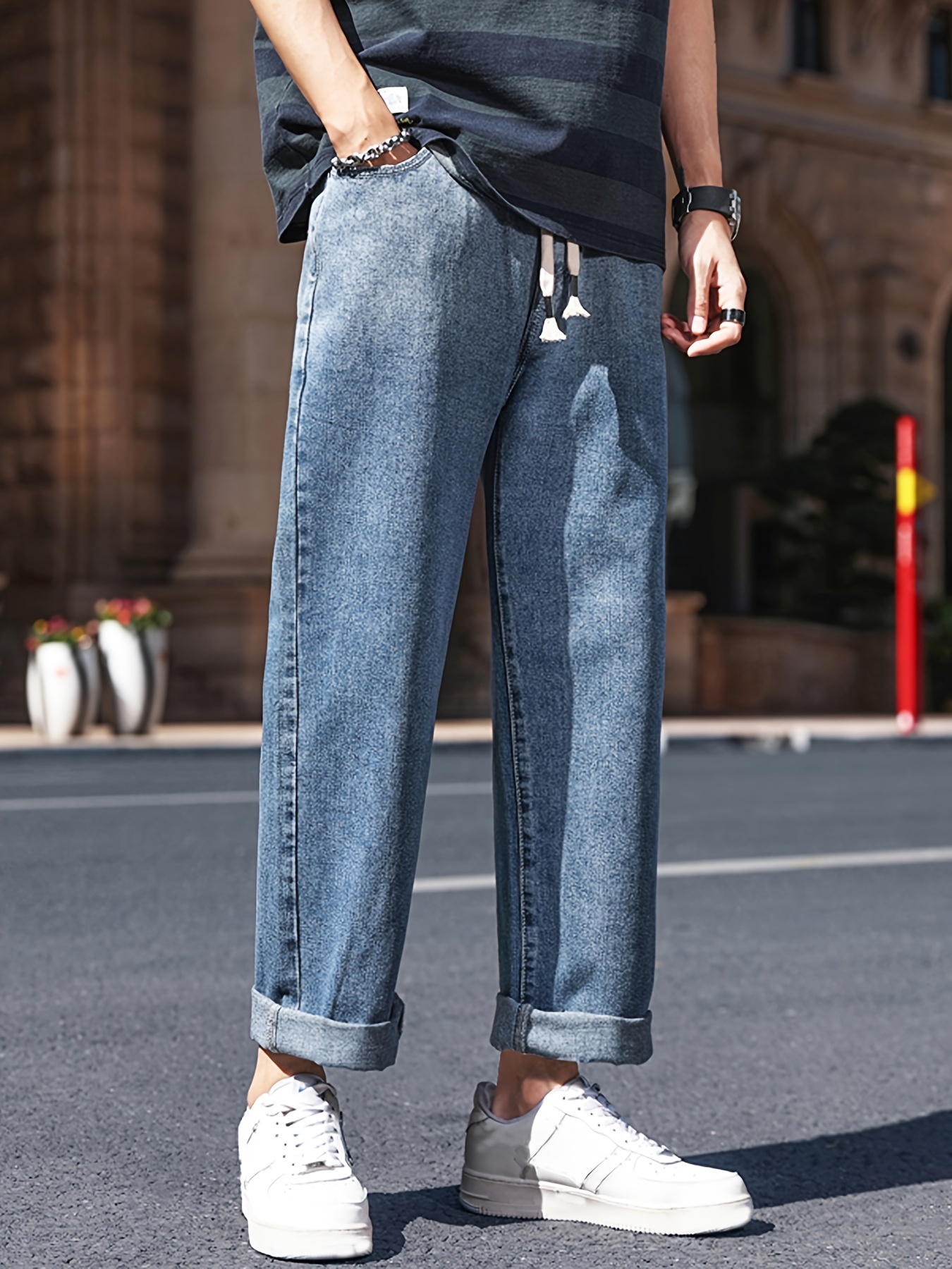 Mens Casual Trendy Vintage Street Style Denim Jeans Loose Wide Leg ...