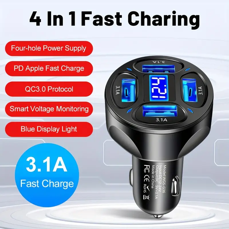 4 In 1 USB Car Charger, 4 Ports Fast Charger Adapter Mini Cigarette  Lighter, USB, And Phone Fast Charger