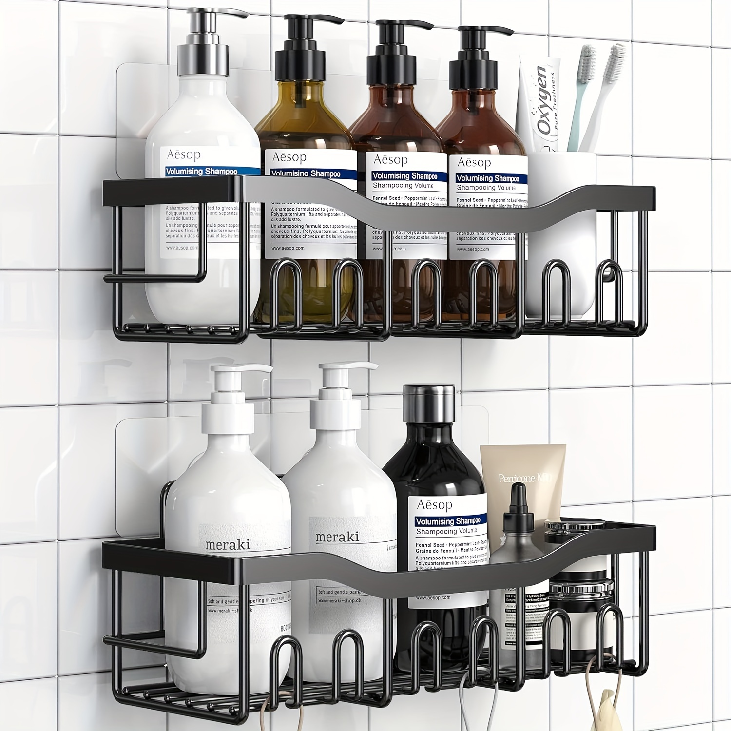 5-Pack Shower Caddy and Shelves Set, Adhesive, Rustproof, No Drilling,  Stainless Steel Shower Organizer with Maximum 20 Hooks-Large Capacity