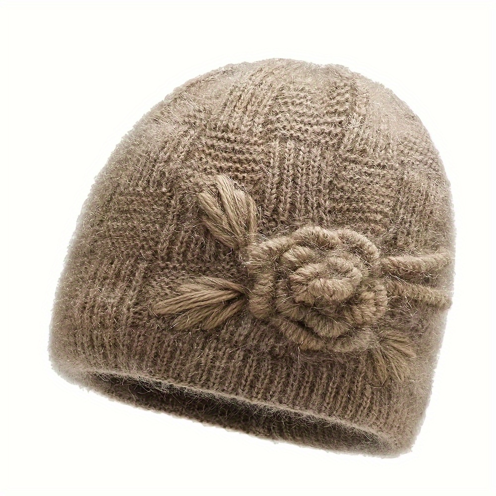 Elegant 3d Flower Jacquard Beanie Solid Color Thick Knit Hats