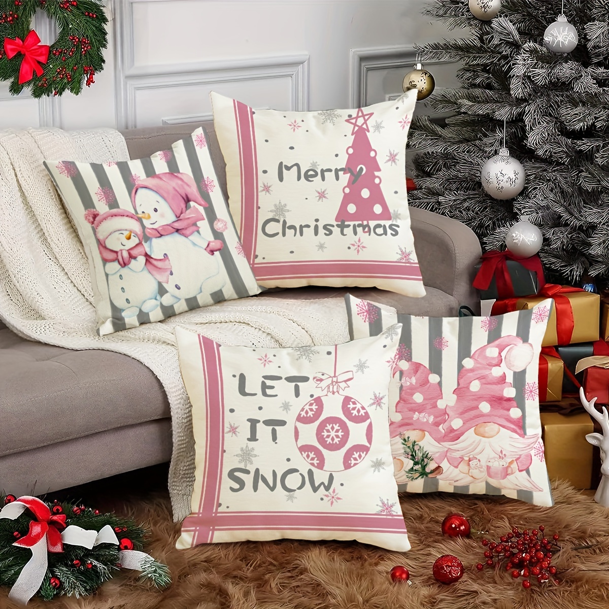 Christmas Snowman Landscaping Christmas Tree Bell Throw Pillow