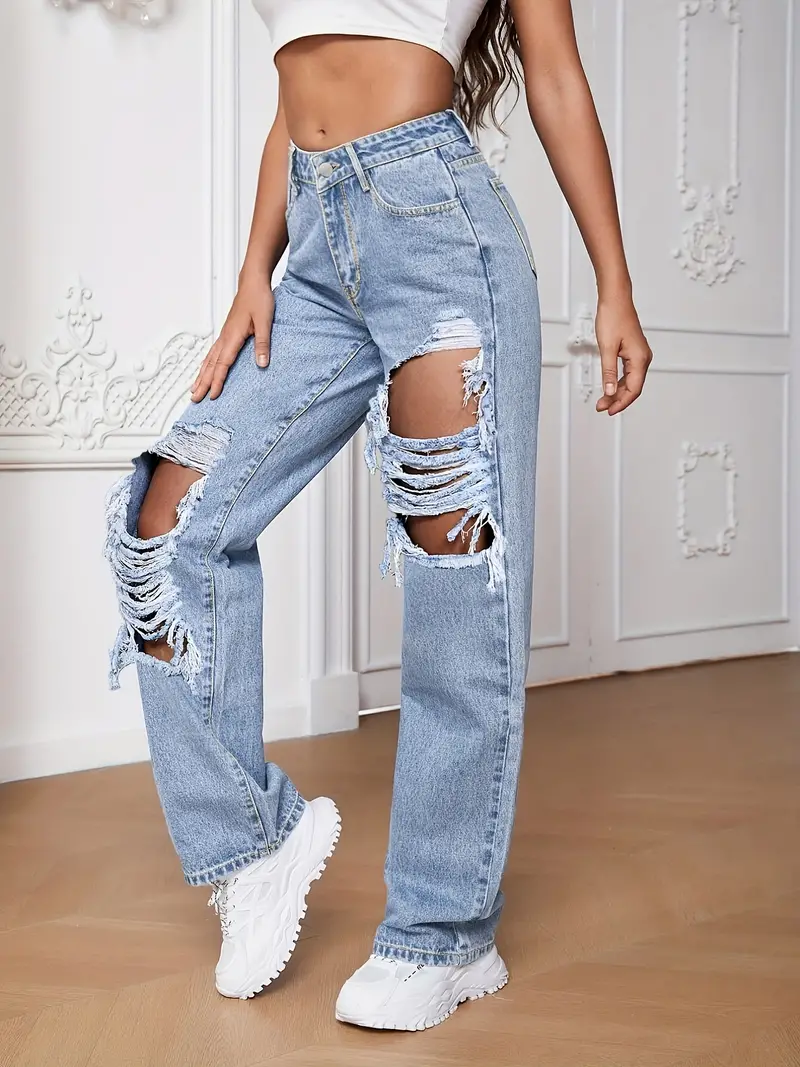 Blue Ripped Straight Jeans, Slash Pockets Distressed High Rise Wide Leg  High Waist Denim Pants, Women's Denim Jeans & Clothing