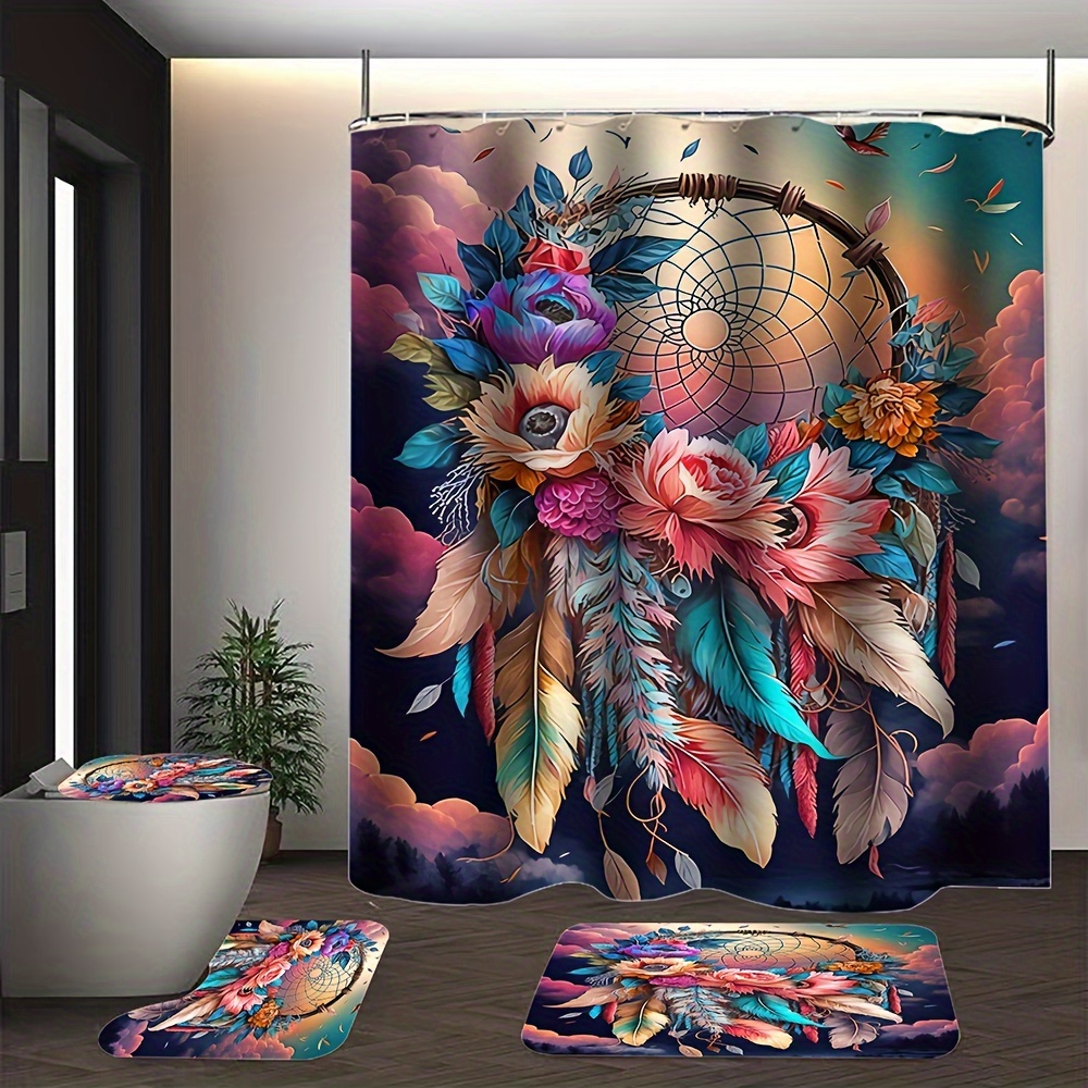 Shower Curtain Set Decorative Feather Flower Pattern - Temu