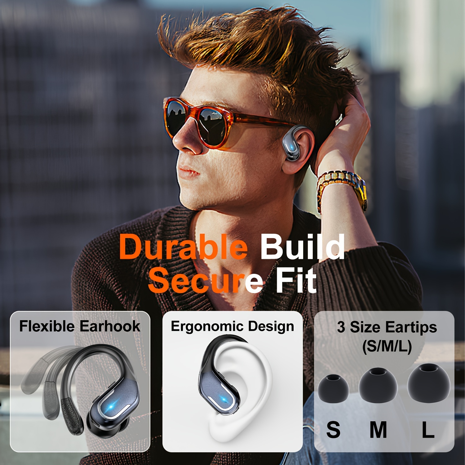 Neue kabellose Ohrhörer für das Laufen, kabellose Kopfhörer mit Ohrbügeln für satten Bassklang, 60 Stunden Over-Ear-Kopfhörer mit Dual-LED-Display, wasserdichte Ohrhörer IPX7 mit eingebautem Mikrofon, Geräuschunterdrückendes Headset