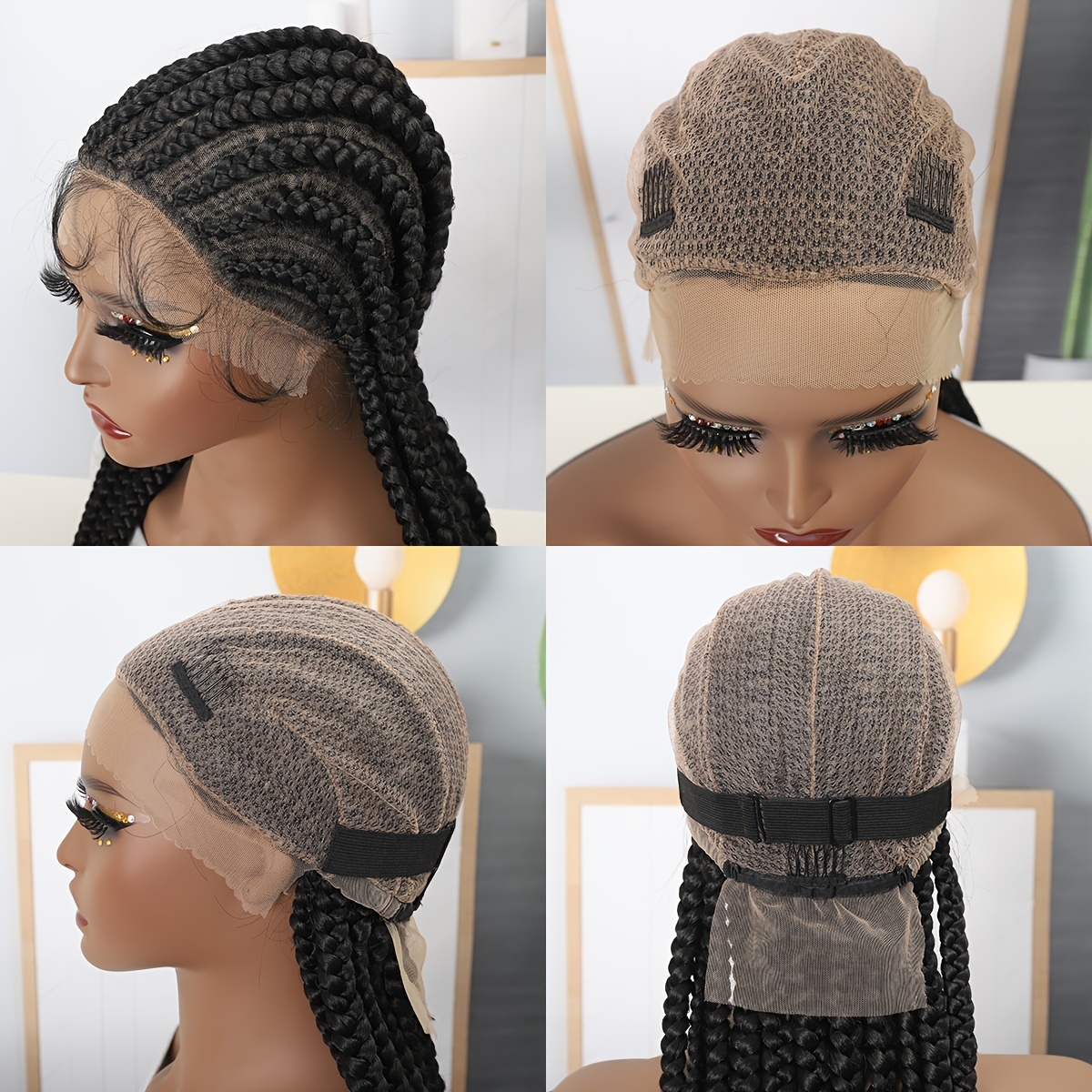 Box Braided Wigs Knotless Cornrow Braids Synthetic Black Hand Braided Wigs  With Baby Hair For Women