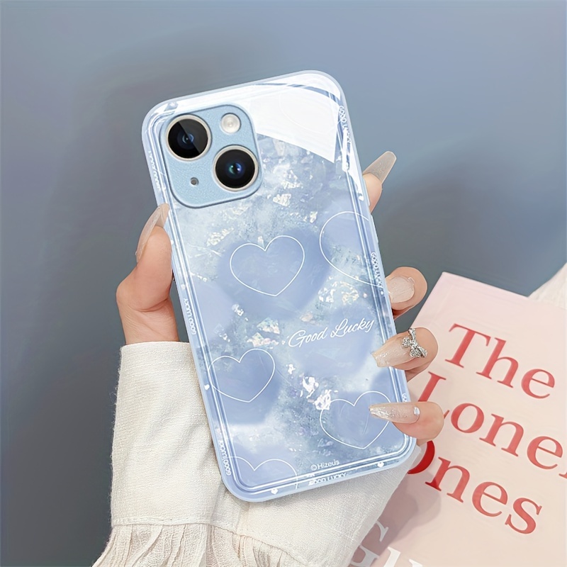 

Creative Love Heart Pattern Phone Case Suitable For 15, 14, 13, 12, 11 X/xs Xr Xs Pro Max Plus Far Blue Metallic Silicone Glass Straight Edge New Protective Case
