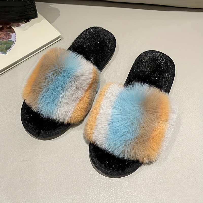 Rose Red-Real Mink Fur Fox Fur Slides Slippers Sandals Indoor Ourdoor Flat  Shoes