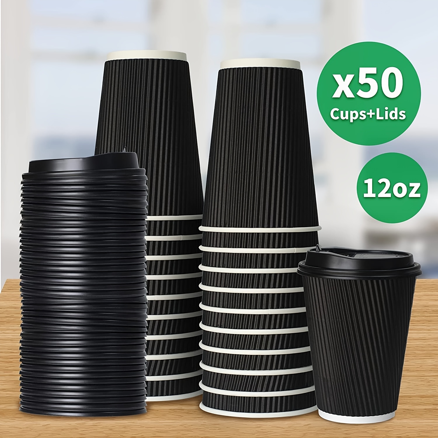 Sparkle and Bash 50 Pack 12 oz Paper Coffee Cups with Lids for Coffee, Hot Drinks, Insulated Double Wall Cups with Stirring Straws, Napkins (Black)