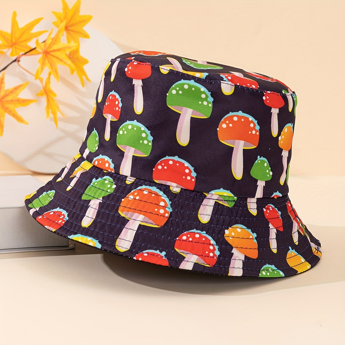 Hip Hop Mushroom Print Bucket Hat Black Cartoon Reversible - Temu