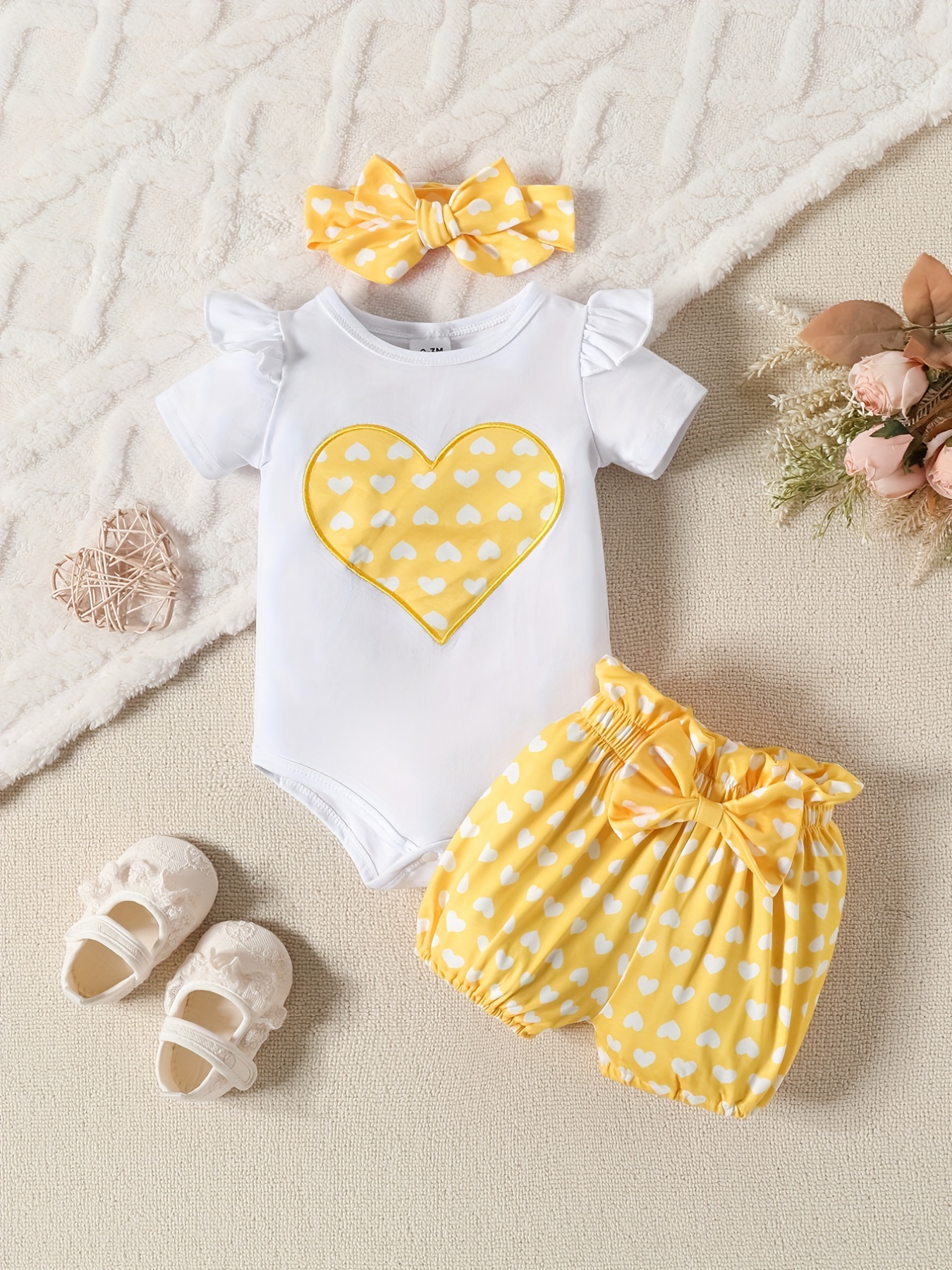 Baby Girl's Cute Heart Graphic Set Cotton Ruffle Short - Temu Canada