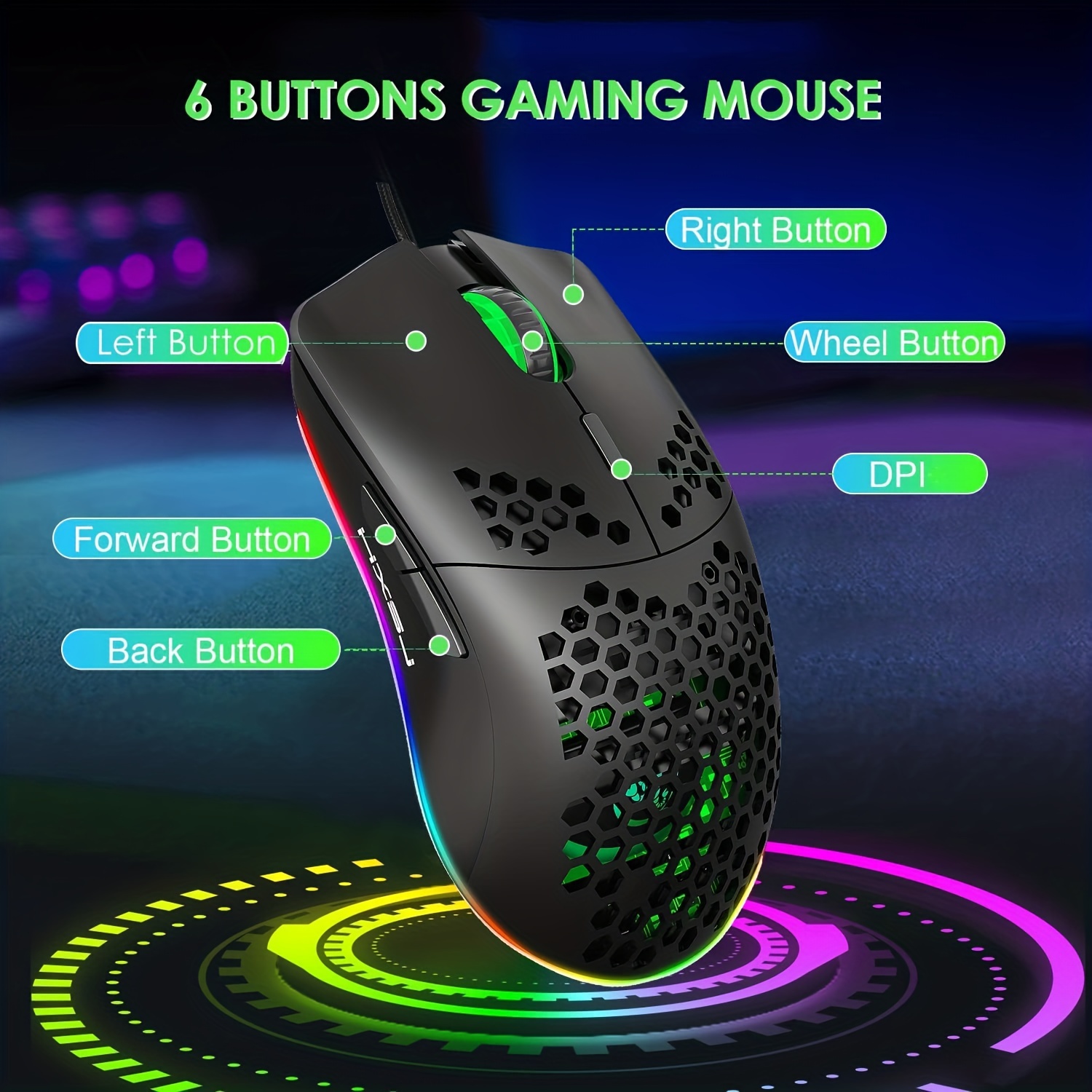 Wired Gaming Mouse LED Light USB Mouse with Honeycomb Shell 6400 DPI Gaming  Mice