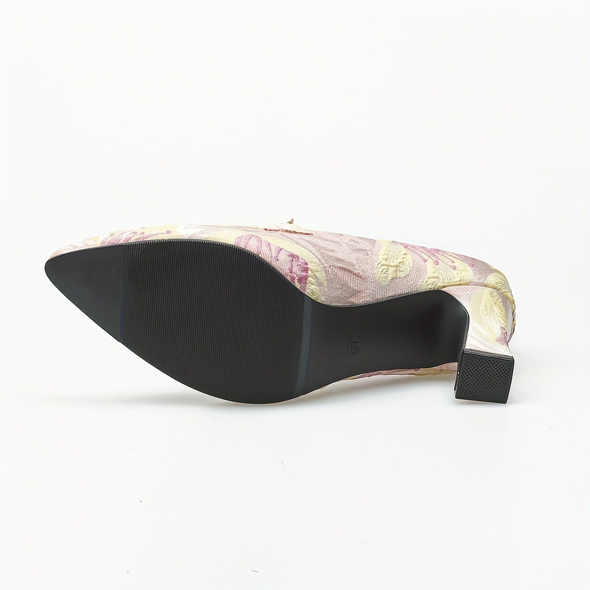 Women's Floral Embossed High Heels Pointed Toe Slip On Soft Sole Chunky Heels