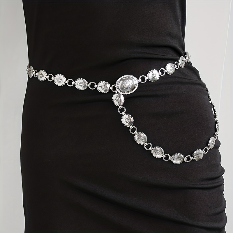 Vintage Carved Flower Waist Chain Silvery Metal Belly Chain - Temu