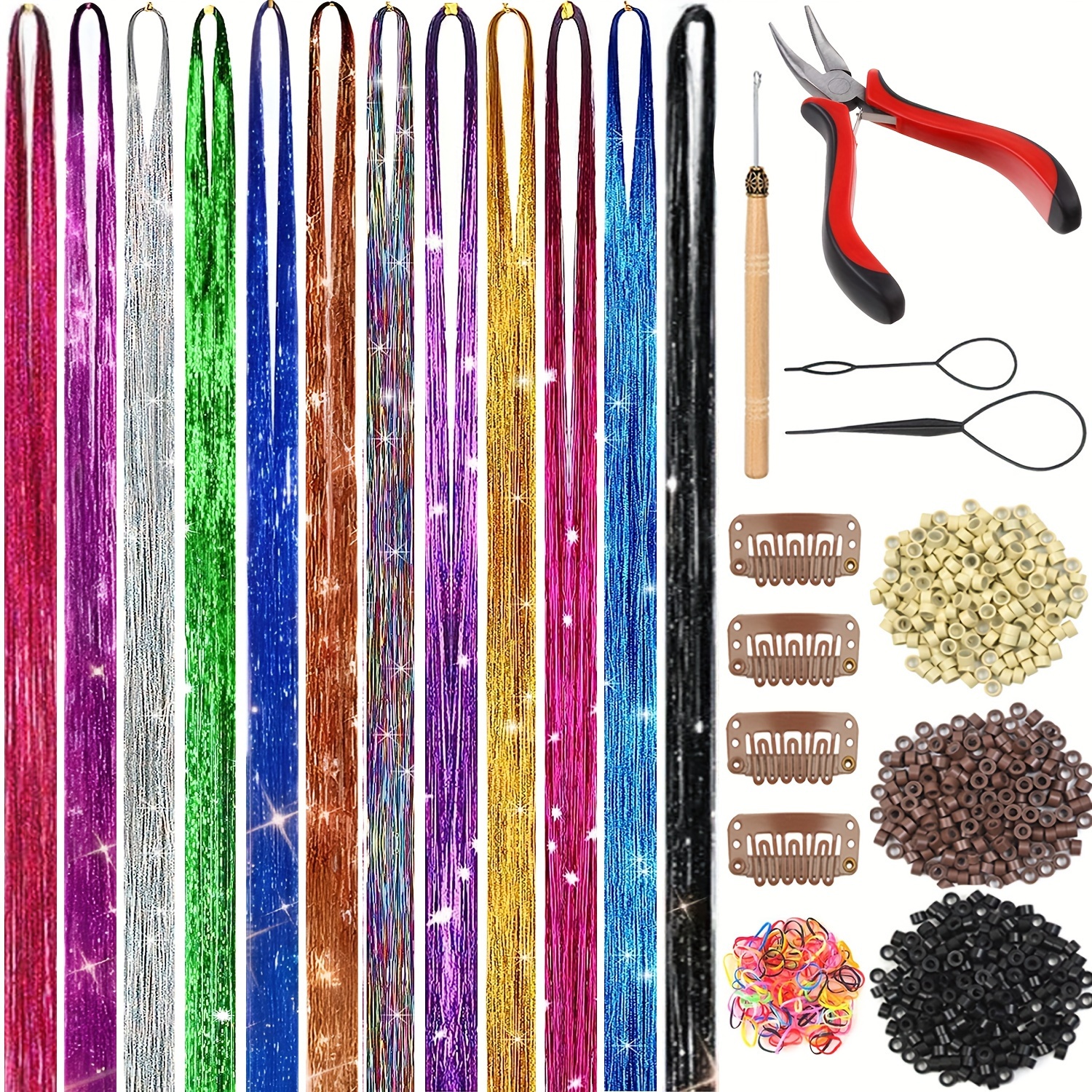 Hair Tinsel Kit 48 Inches Tinsel Hair Extensions with Tools 3200 Strands 12  Colors Fairy Hair Feathers Extensions Kit Tinsel Heat Resistant Hair Gems