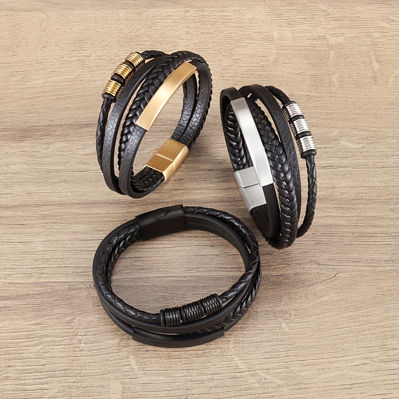 Classic Layer PU Leather Braided Bracelet with Magnetic Buckle