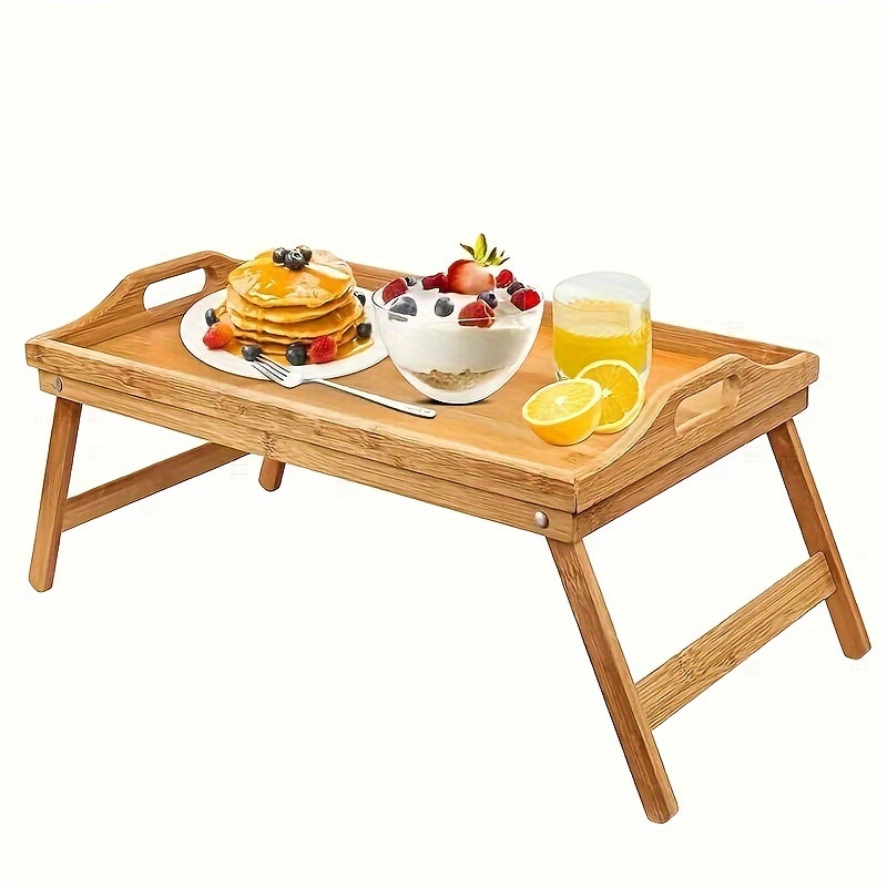 VaeFae Bandeja de mesa de cama de acacia, bandeja de desayuno de madera con  patas plegables, bandeja de cama para comer y computadora portátil