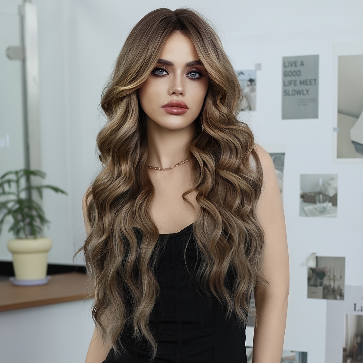 Synthetic Middle Part Body Wavy Dark Brown Wig Women Daily Temu