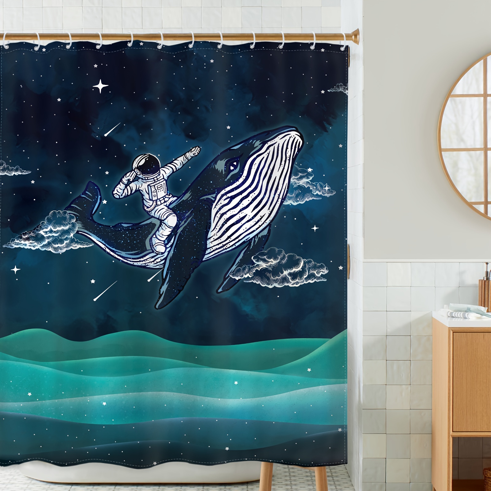 Astronaut Ride Whale Shower Curtain Cartoon Funny Dark Blue - Temu