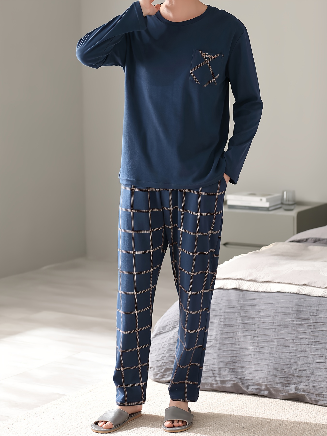 Men's Simple Style Cotton Casual Pajamas Thin Sets, Solid Long Sleeve Crew Neck With Chest Pocket Top & Loose Checkered Pants Lounge Wear, Outdoor Sets For Spring Autumn