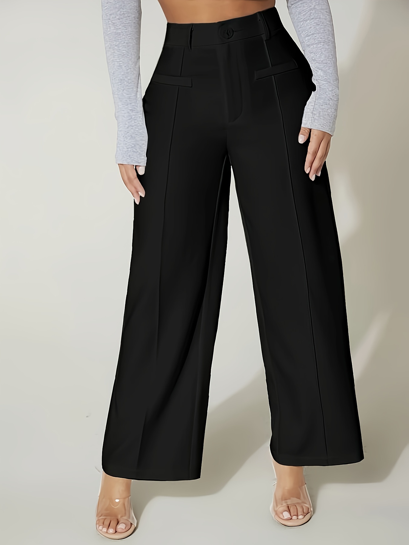 Pantalones Sólidos A Medida, Pantalones De Trabajo De Cintura Alta Y Pierna  Ancha, Ropa De Mujer
