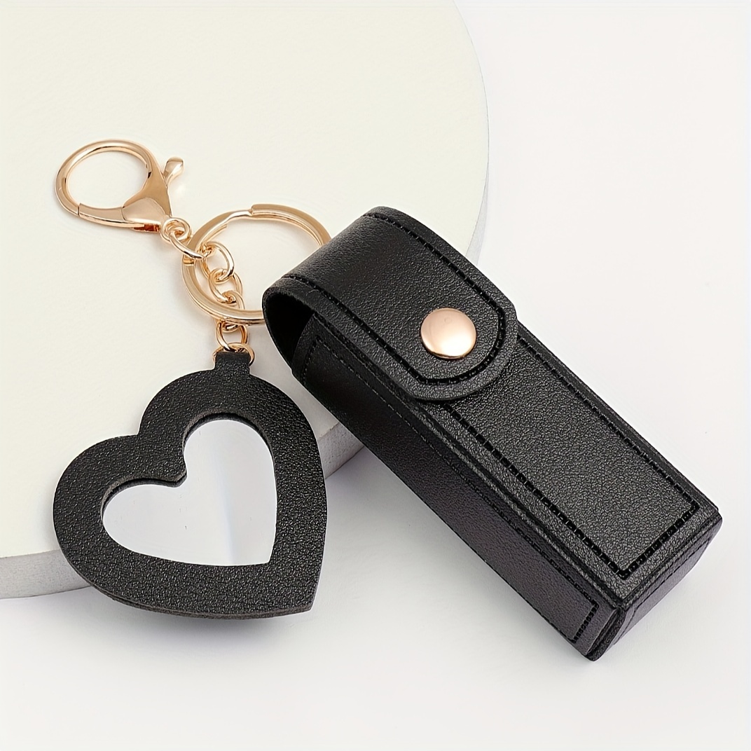 

1pc Solid Color Pu Leather Lipstick Holder Bag With Heart Shaped Mirror Women's Makeup Keychains