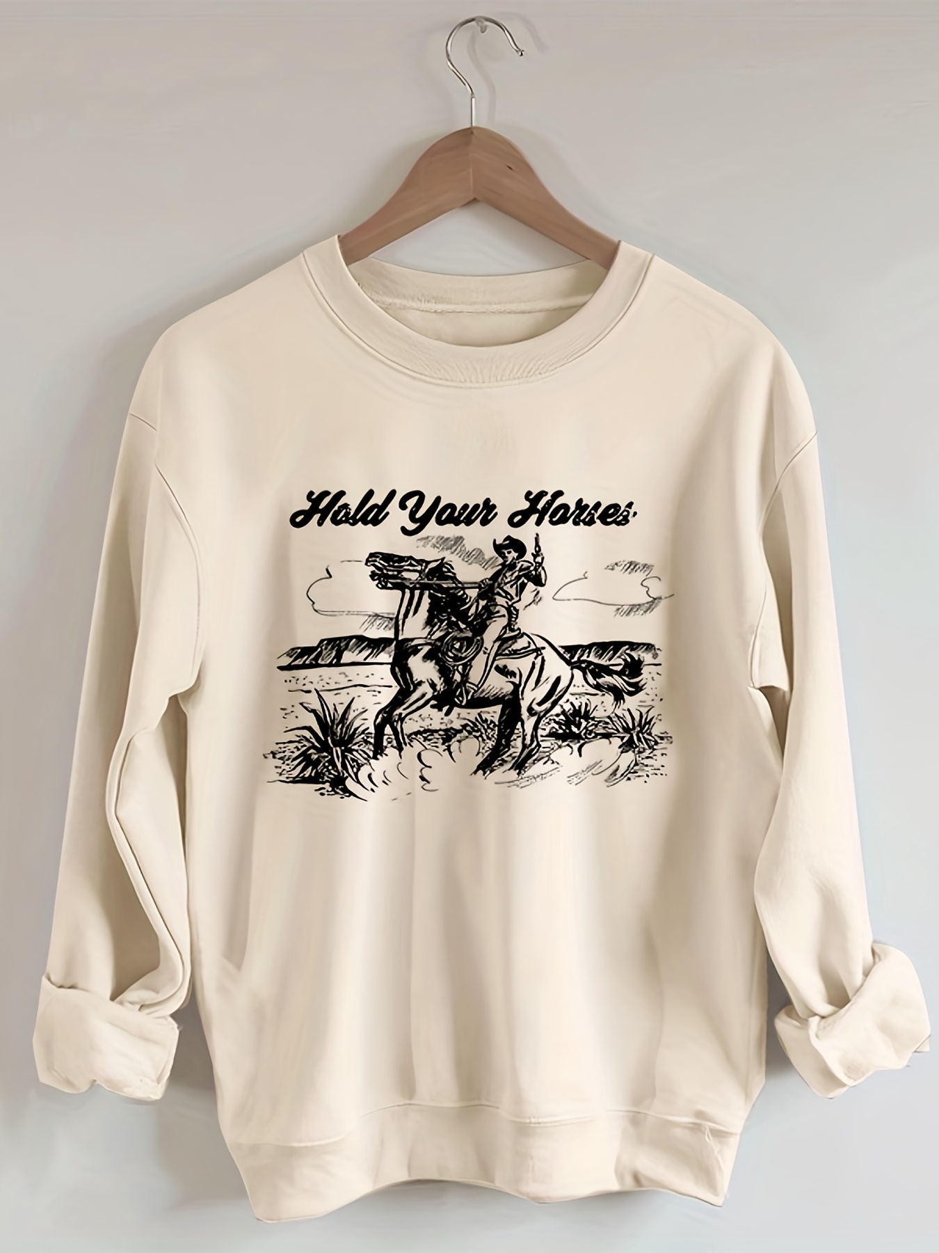 Cow Skull & Cowboy Print Pullover Sweatshirt, Casual Long Sleeve Crew Neck  Sweatshirt, Women's Clothing - Temu