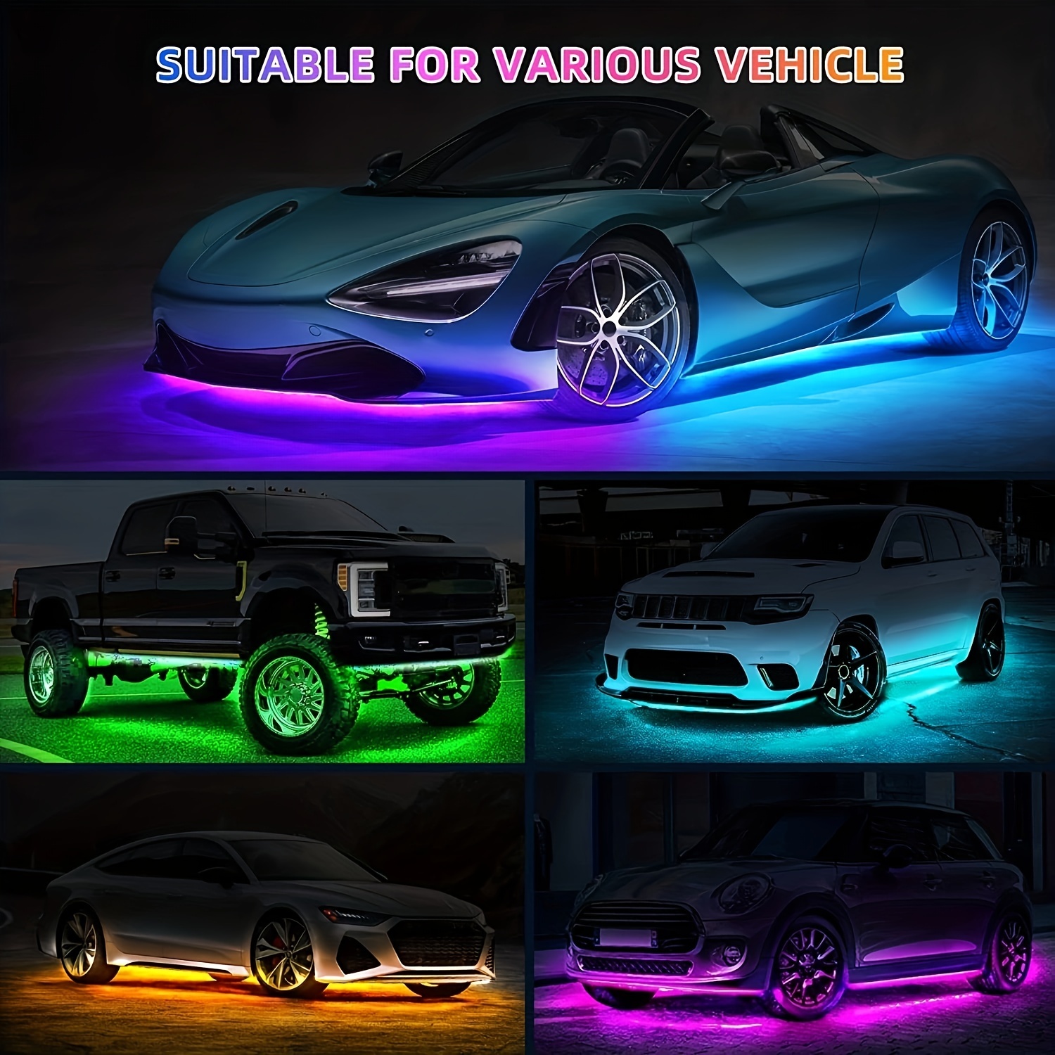 Acheter 12 lumières LED (4 pièces) colorées pour intérieur de voiture,  bande lumineuse d'ambiance avec contrôle vocal/application, néon RVB,  éclairage intérieur de voiture, décoration de voiture