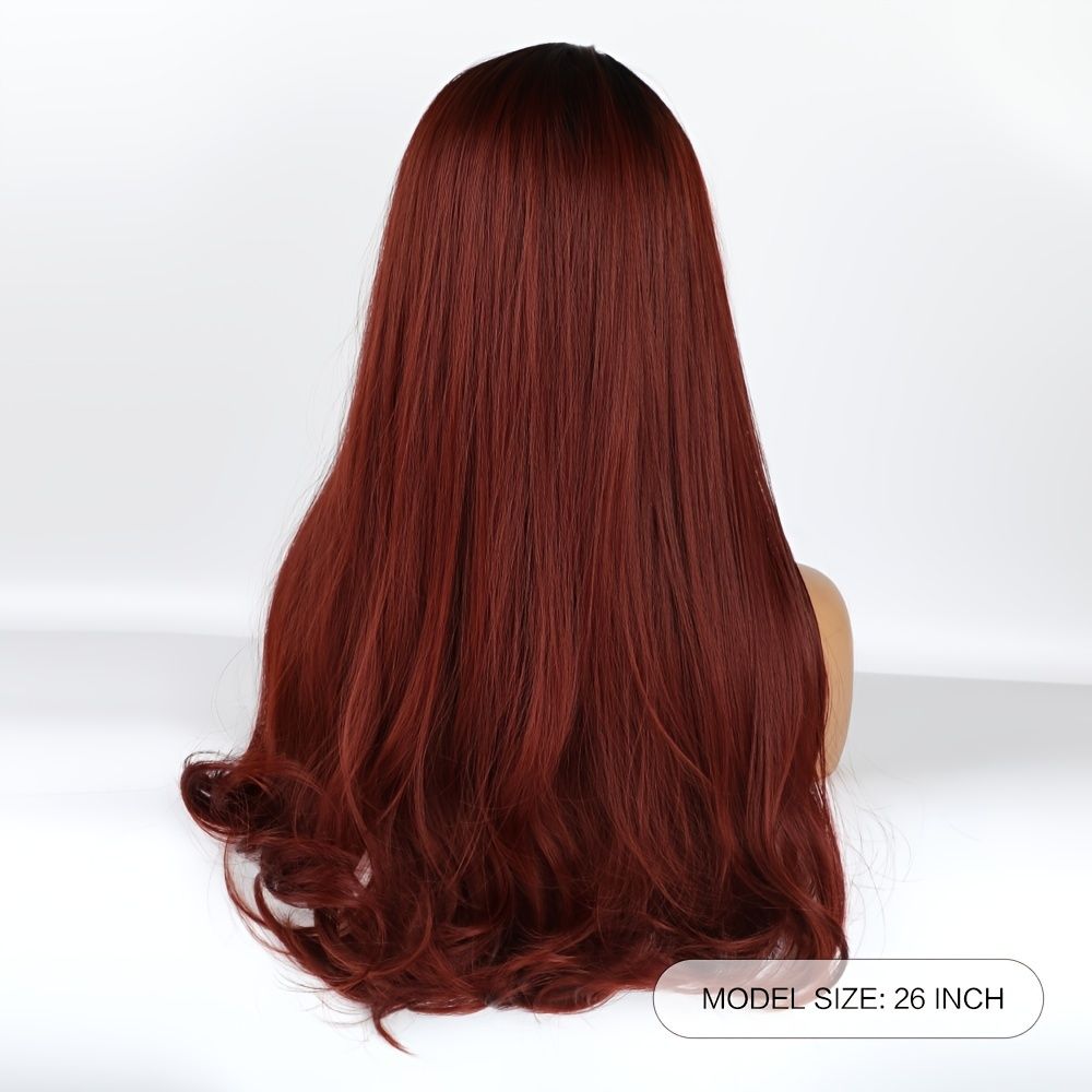 Long Ombre Wine Red Natural Wave Synthetic Hair With Bangs Real Scalp For  Women - Beauty & Personal Care - Temu