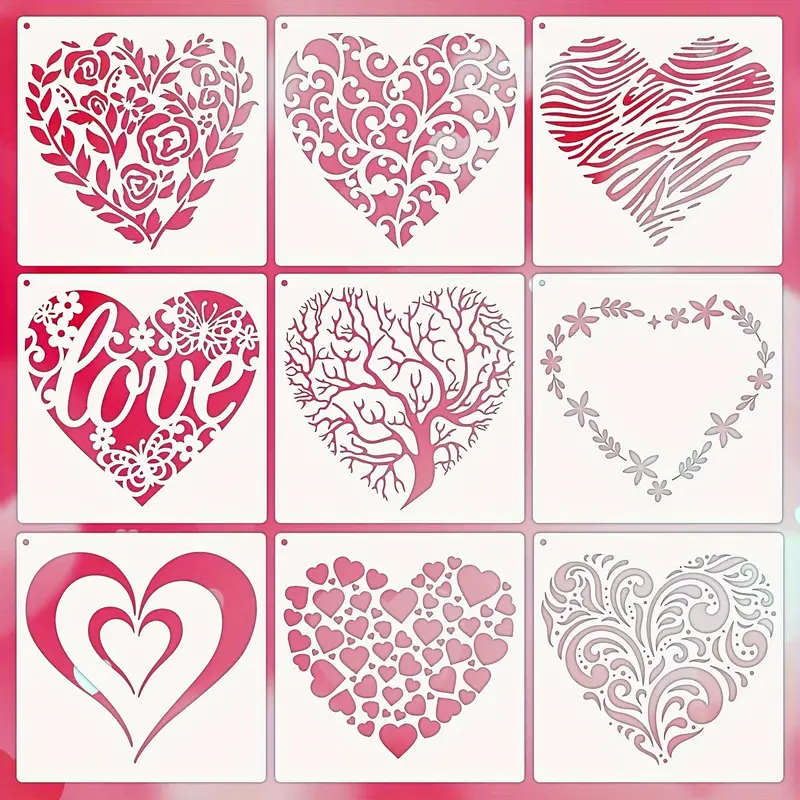 9pcs Heart Stencil For Painting Reusable Decorative Heart Stencil Template  With Metal Open Ring DIY Paint Stencils Craft Stencils For Painting On Wood