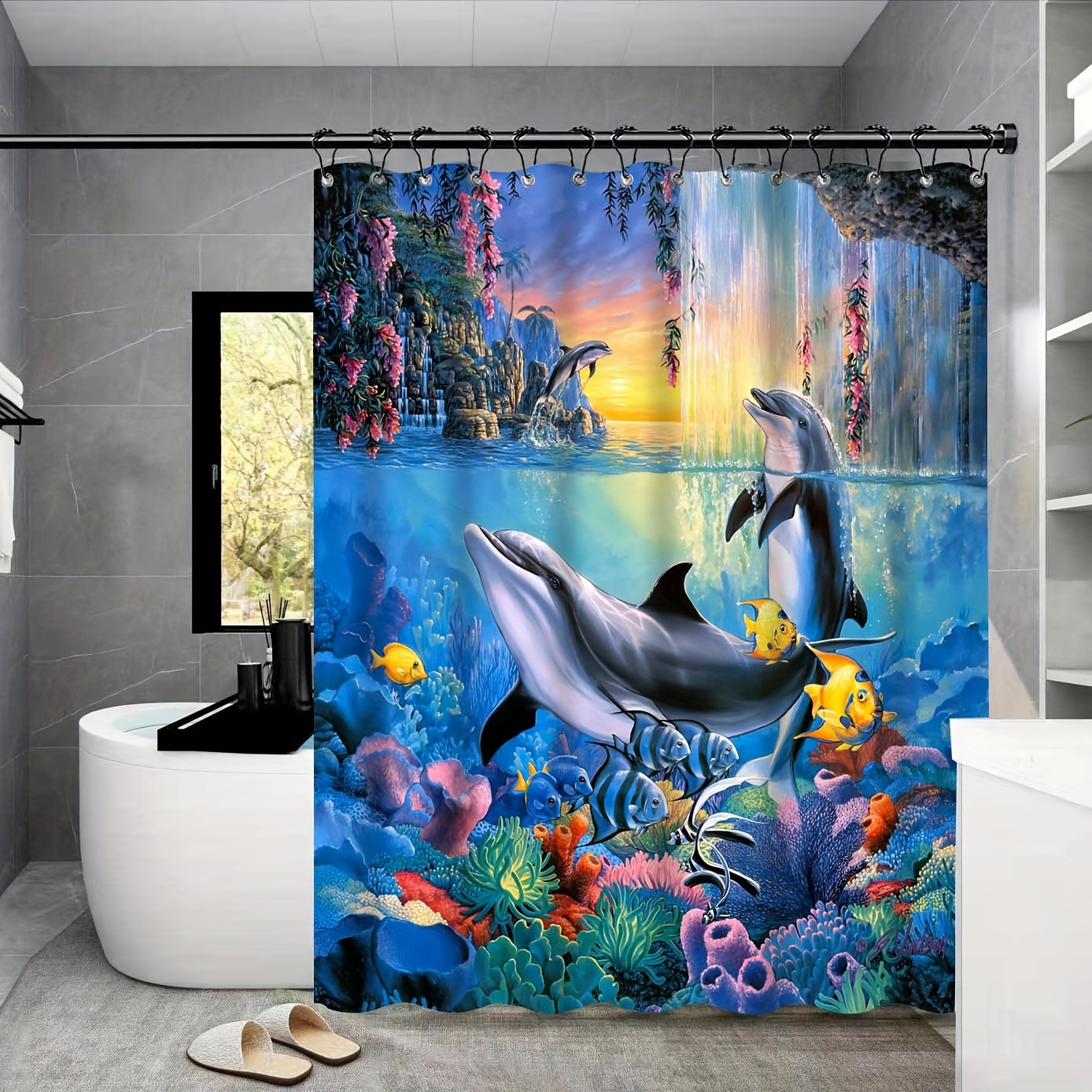 Ocean Life Dolphin Shower Curtain Cartoon Print Bathroom - Temu Japan