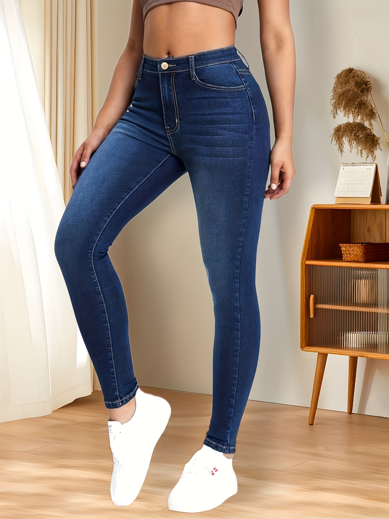 Dark Blue Versatile Skinny Jeans Slim Fit High stretch Slant - Temu Mexico
