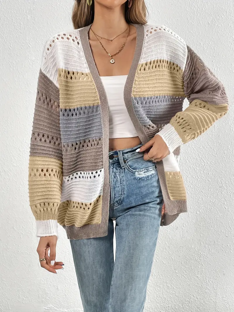 Cut Color Block Knit Cardigan Casual Long Sleeve Sweater - Temu Canada