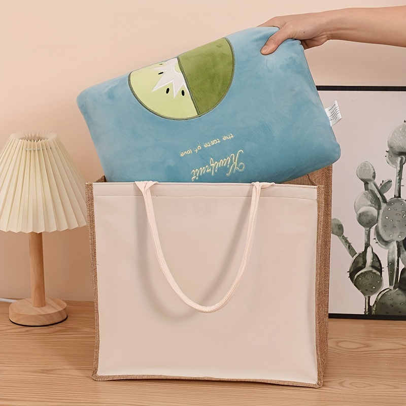 Linen Carry Bag (M) - Sky Blue Twig Leaf Print, Jute Rope Handles
