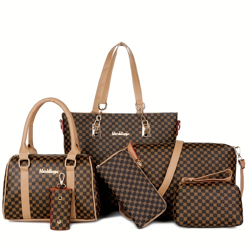 6pcs Tote Bag, Handbag Boston Bag Clutch Purse Set, PU Leather Textured Shoulder Bag, Casual Versatile Commuter Bag,Womens Purses,Temu