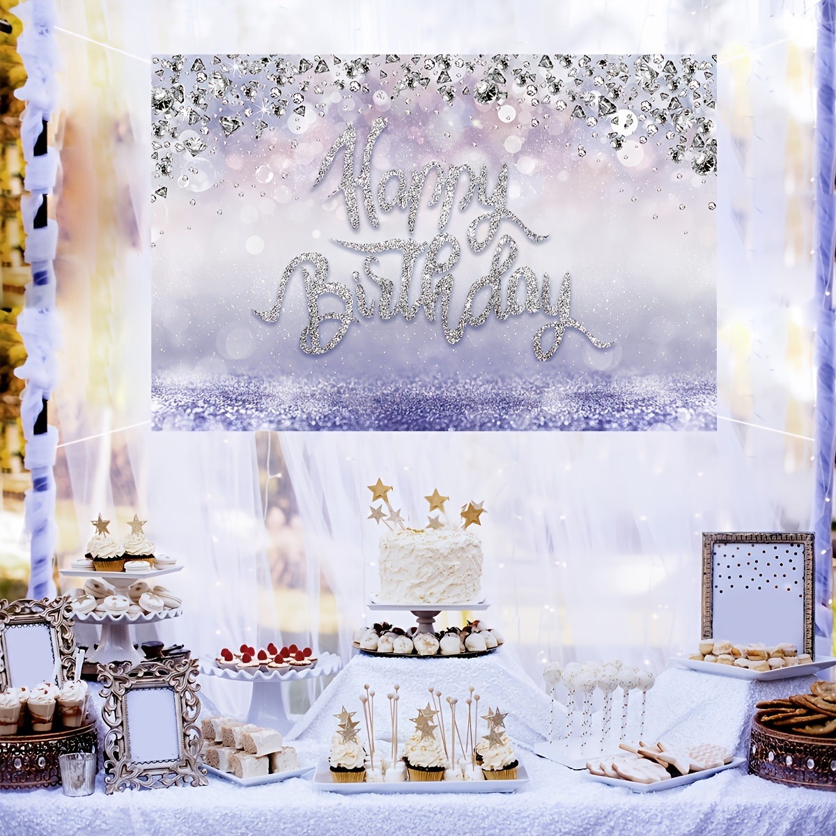 Purple Glitter Diamond With Happy Birthday Background Cloth Party Scene As Decoration  Background Banner Cake Table Banner Photo Booth Supplies Props | Shop The  Latest Trends | Temu