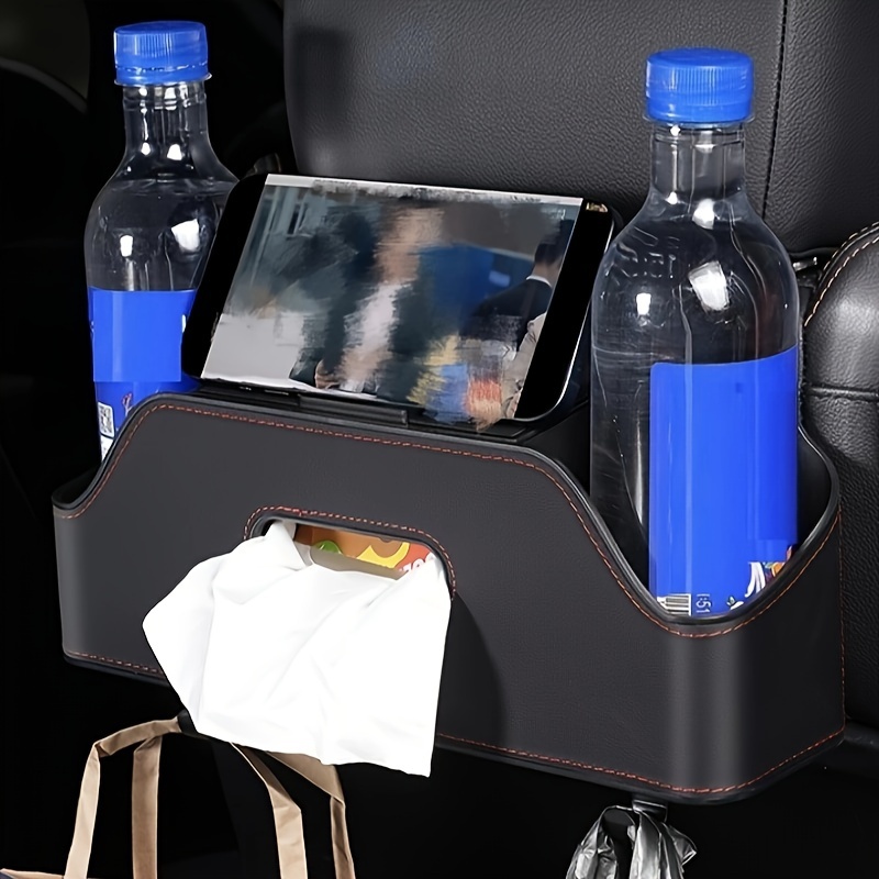 Organisateur de siège arrière de voiture avec 2 porte-gobelets à boisson,  boîte de rangement multifonctionnelle de véhicule, boîte de mouchoirs et  crochet de boîte de rangement