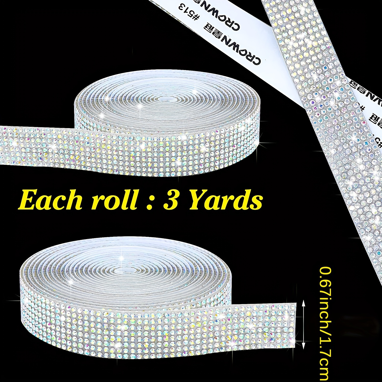 GREAT&LUCKY Self Adhesive crystal Rhinestone Ribbon Rhinestone Strips, 3  Yards DIY Diamond Bling Ribbon Stickers Rhinestone Tape Roll with 2