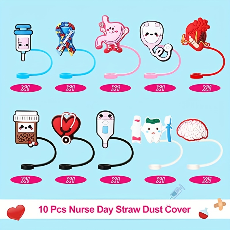 6 Pack Straw Covers Cap, Nurse Theme Straw Tips, Reusable Straw Covers, Dust-proof Straw Toppers, Silicone Straw Tip Covers for 7-8 mm Straws