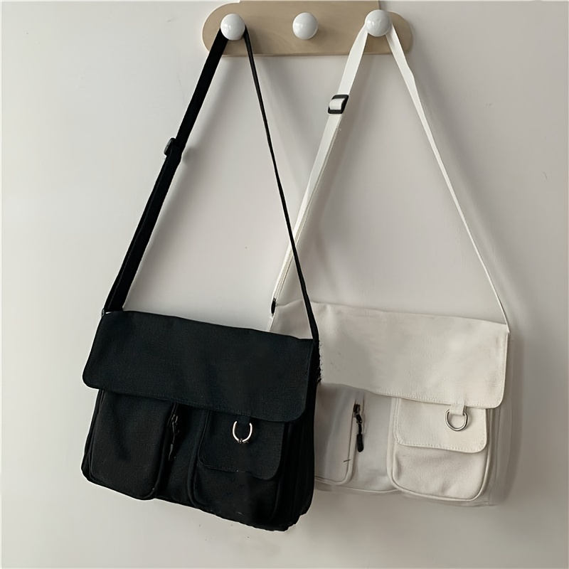 Canvas Shoulder Flap Bag with Fuzzy Bear, Simple Large Capacity Hand Tote Bag, Handbag, Buckle Satchel Purse, 8.39, Solid Color, White, No