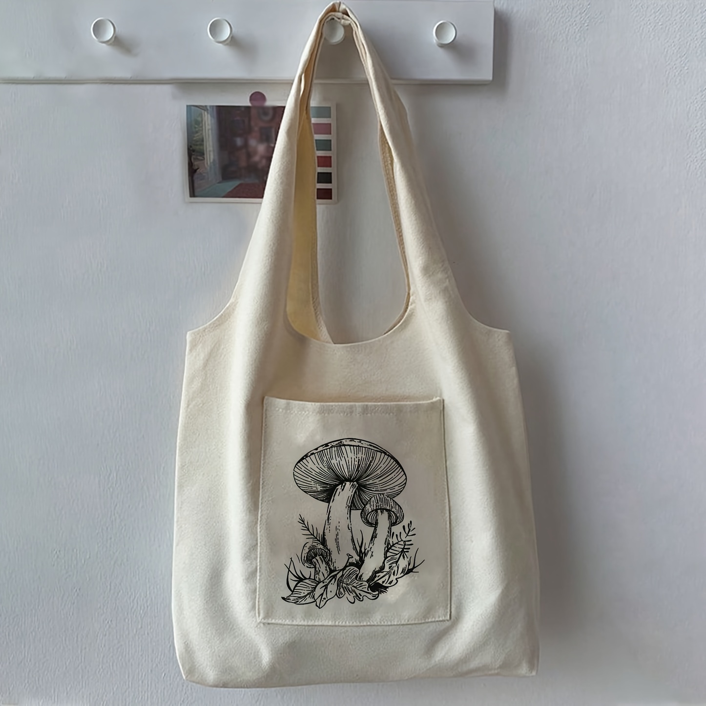 

3 Mushroom Print Canvas Tote Bag, Casual Shoulder Bag, Large Capacity Handbag For School Travel Shopping
