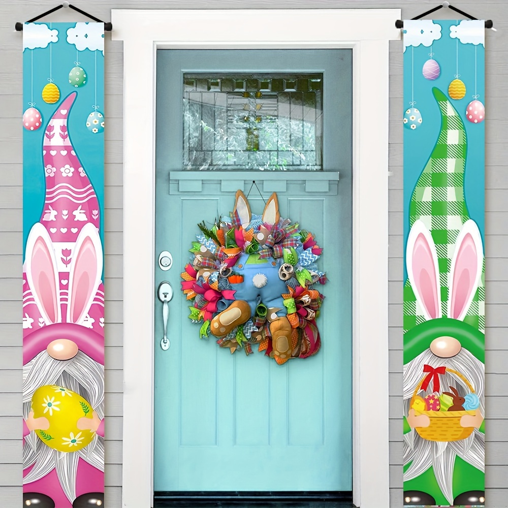 

2pcs, Welcome Easter Porch Home Decorations, Polyester Gnome Hand Easter Egg Pattern Spring Party Banner Fence Garden Outdoor Indoor Hanging Decoration